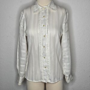 Vintage Dutchmaid Off White Lace Trim Blouse Long Sleeve Pearl Button 70s S M